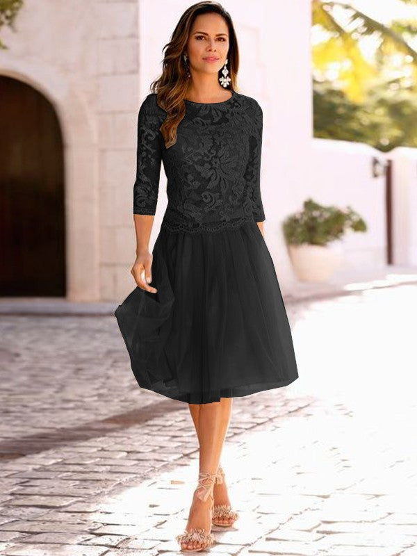 A-Line/Princess Tulle Applique Scoop 3/4 Sleeves Knee-Length Mother of the Bride Dress