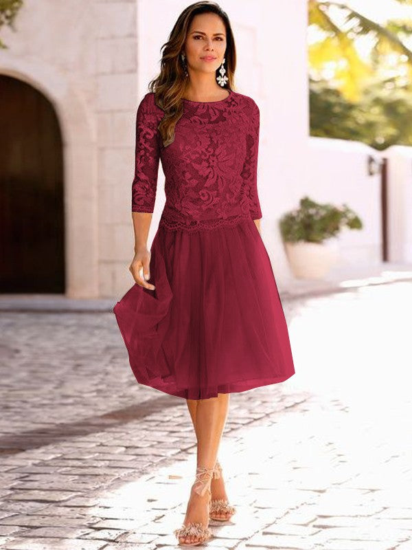 A-Line/Princess Tulle Applique Scoop 3/4 Sleeves Knee-Length Mother of the Bride Dress