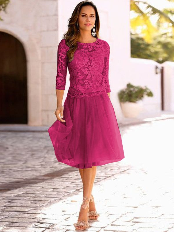 A-Line/Princess Tulle Applique Scoop 3/4 Sleeves Knee-Length Mother of the Bride Dress