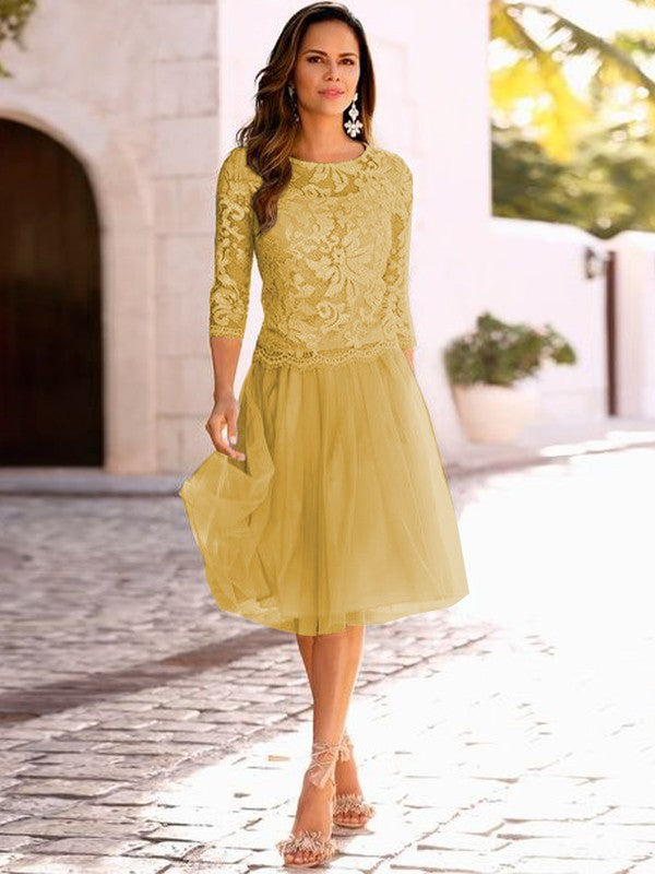A-Line/Princess Tulle Applique Scoop 3/4 Sleeves Knee-Length Mother of the Bride Dress