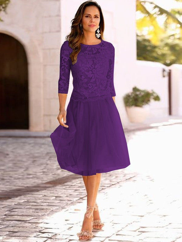A-Line/Princess Tulle Applique Scoop 3/4 Sleeves Knee-Length Mother of the Bride Dress