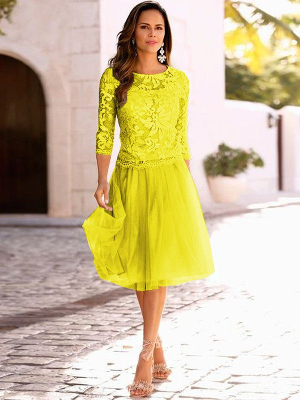 A-Line/Princess Tulle Applique Scoop 3/4 Sleeves Knee-Length Mother of the Bride Dress