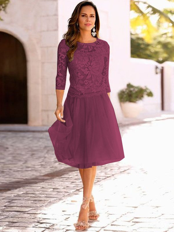 A-Line/Princess Tulle Applique Scoop 3/4 Sleeves Knee-Length Mother of the Bride Dress