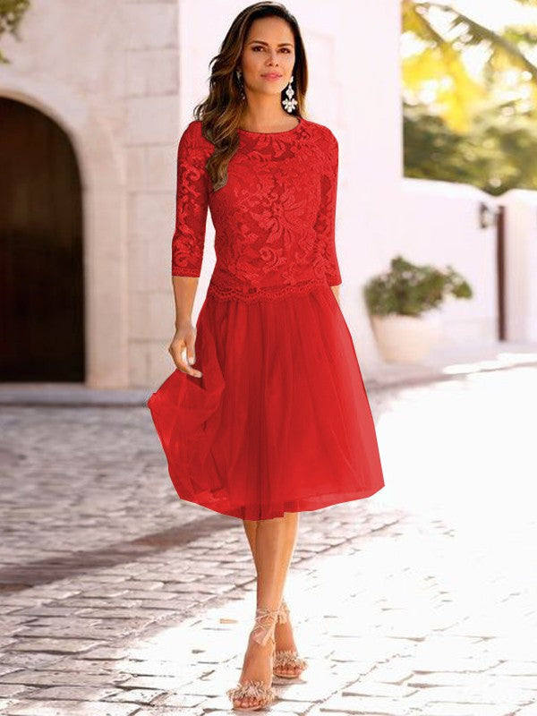 A-Line/Princess Tulle Applique Scoop 3/4 Sleeves Knee-Length Mother of the Bride Dress