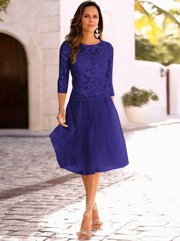 A-Line/Princess Tulle Applique Scoop 3/4 Sleeves Knee-Length Mother of the Bride Dress