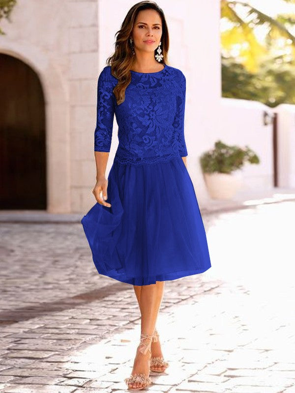 A-Line/Princess Tulle Applique Scoop 3/4 Sleeves Knee-Length Mother of the Bride Dress