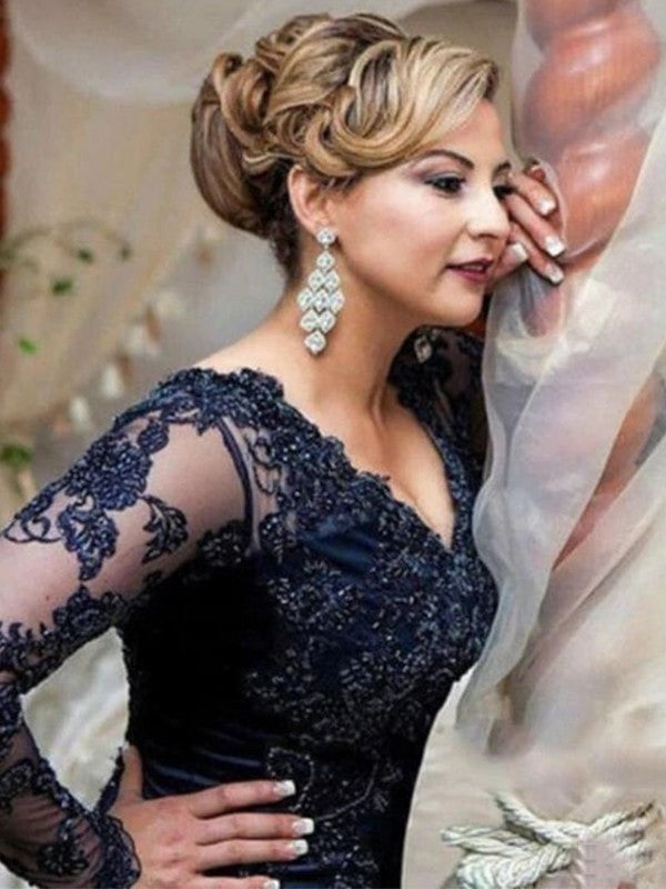 Sheath/Column Lace Applique V-neck Long Sleeves Sweep/Brush Train Mother of the Bride Dress