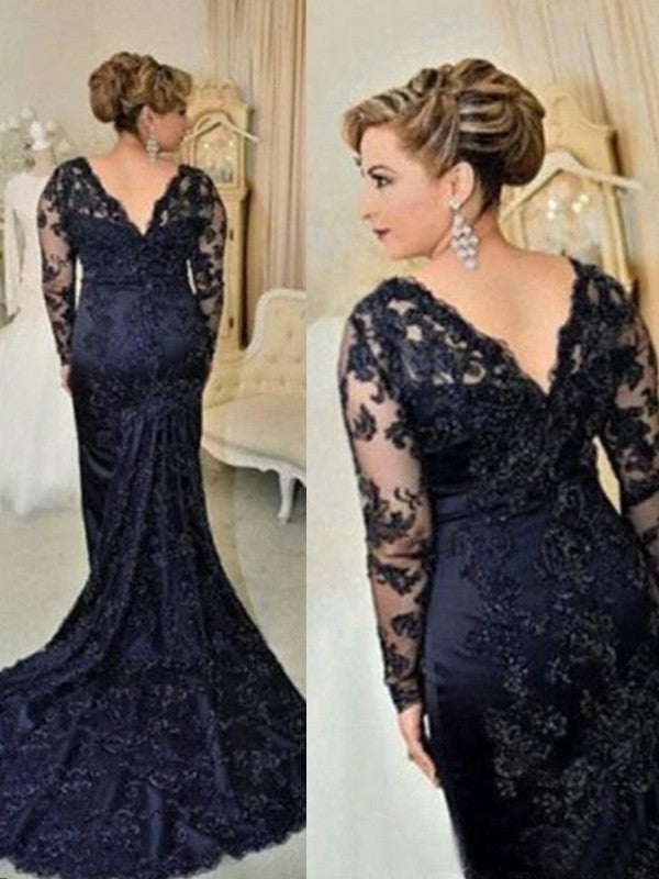 Sheath/Column Lace Applique V-neck Long Sleeves Sweep/Brush Train Mother of the Bride Dress