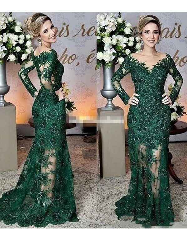 Sheath/Column Lace Applique Scoop Long Sleeves Sweep/Brush Train Mother of the Bride Dress