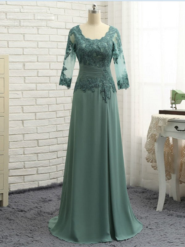 A-Line/Princess Chiffon Applique Scoop 3/4 Sleeves Sweep/Brush Train Mother of the Bride Dress