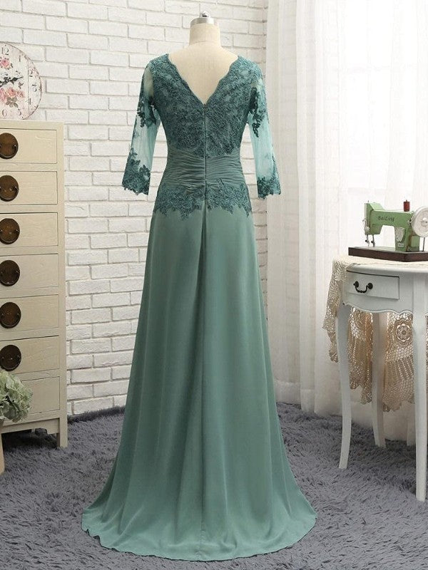 A-Line/Princess Chiffon Applique Scoop 3/4 Sleeves Sweep/Brush Train Mother of the Bride Dress