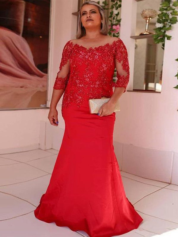 Sheath/Column Satin Applique Scoop 3/4 Sleeves Sweep/Brush Train Mother of the Bride Dress
