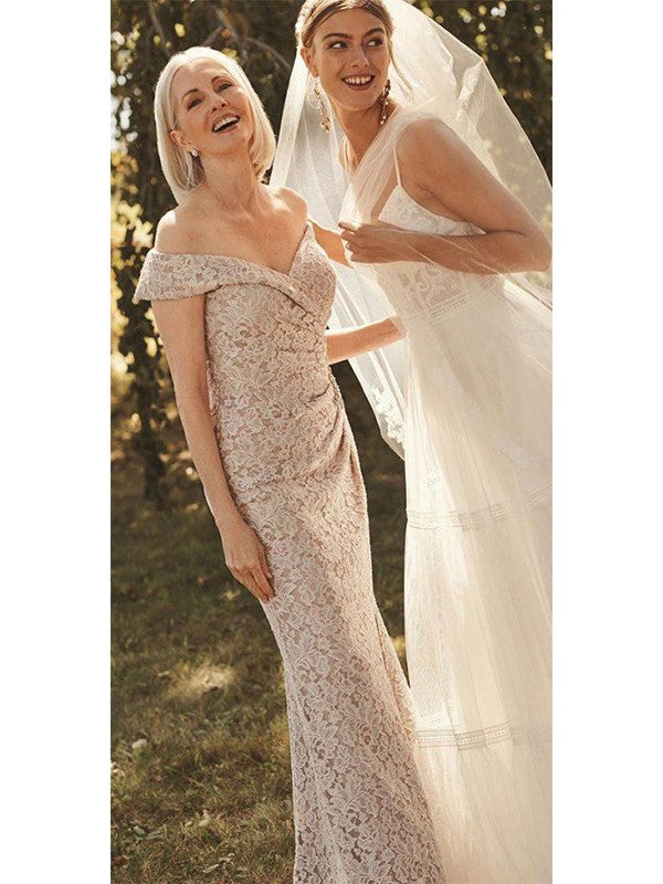 Sheath/Column Lace Ruched Off-the-Shoulder Sleeveless Floor-Length Mother of the Bride Dress