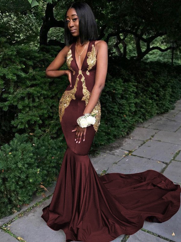 Memorable Magic Mermaid Silk like Satin Applique V-neck Sleeveless Chapel Train Prom Dress