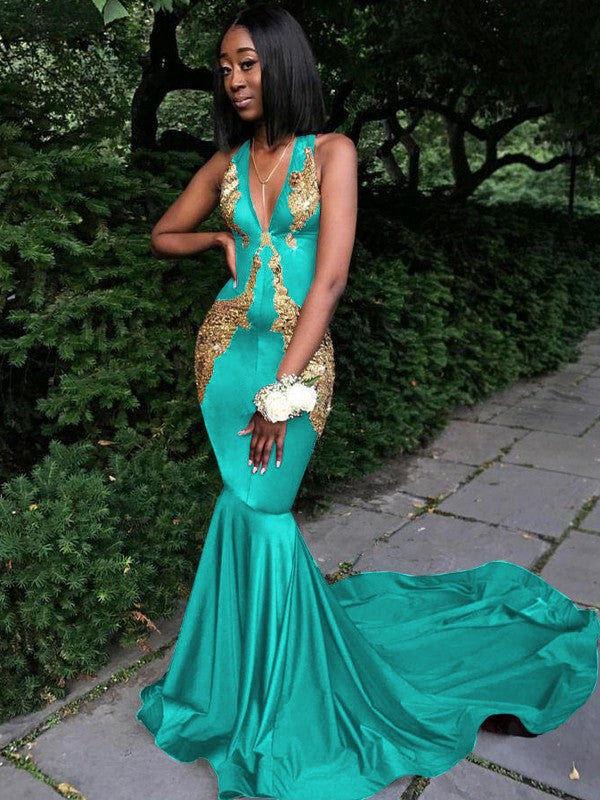 Memorable Magic Mermaid Silk like Satin Applique V-neck Sleeveless Chapel Train Prom Dress