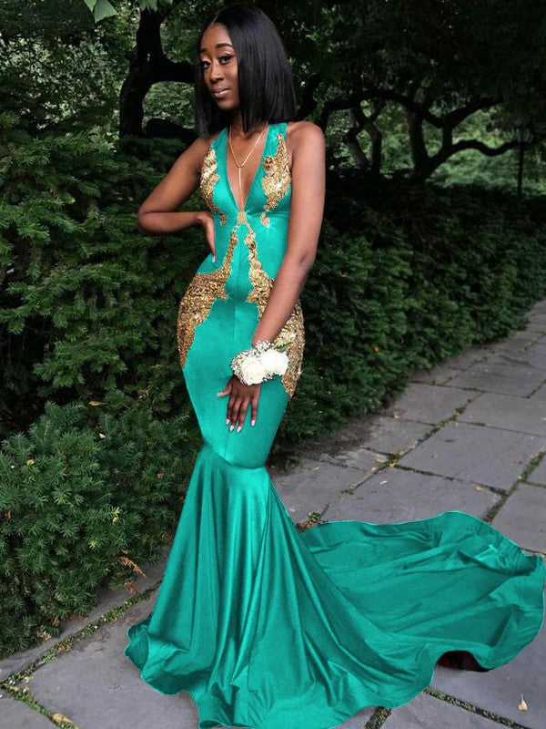Memorable Magic Mermaid Silk like Satin Applique V-neck Sleeveless Chapel Train Prom Dress