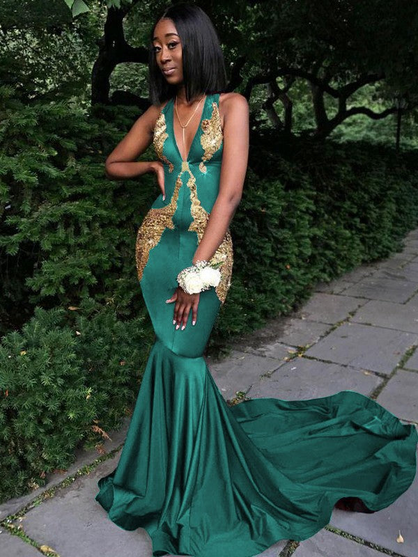 Memorable Magic Mermaid Silk like Satin Applique V-neck Sleeveless Chapel Train Prom Dress