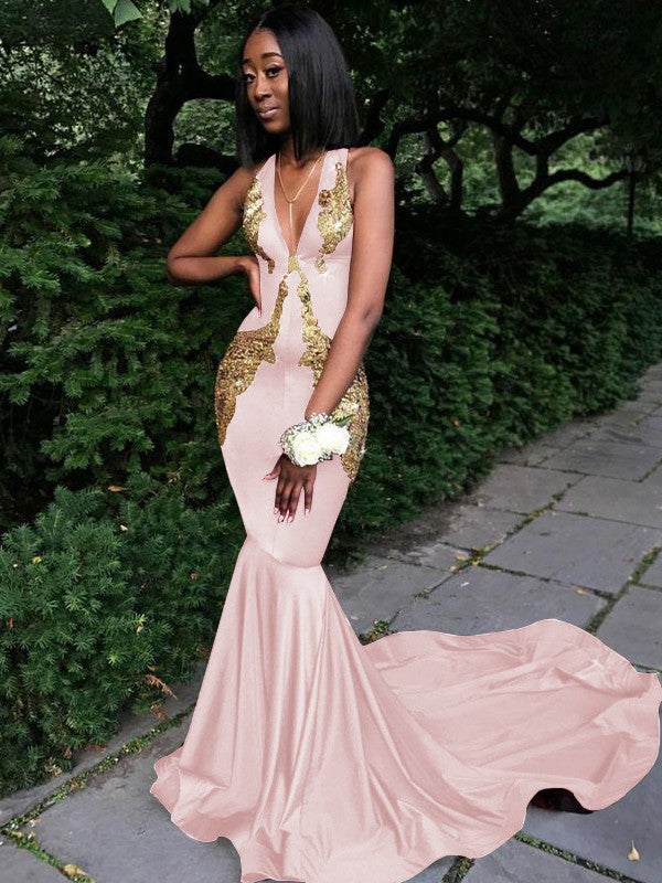 Memorable Magic Mermaid Silk like Satin Applique V-neck Sleeveless Chapel Train Prom Dress