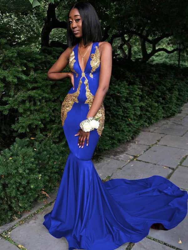 Memorable Magic Mermaid Silk like Satin Applique V-neck Sleeveless Chapel Train Prom Dress
