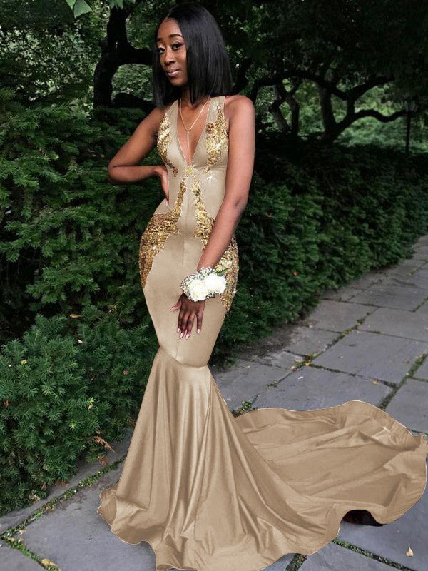 Memorable Magic Mermaid Silk like Satin Applique V-neck Sleeveless Chapel Train Prom Dress