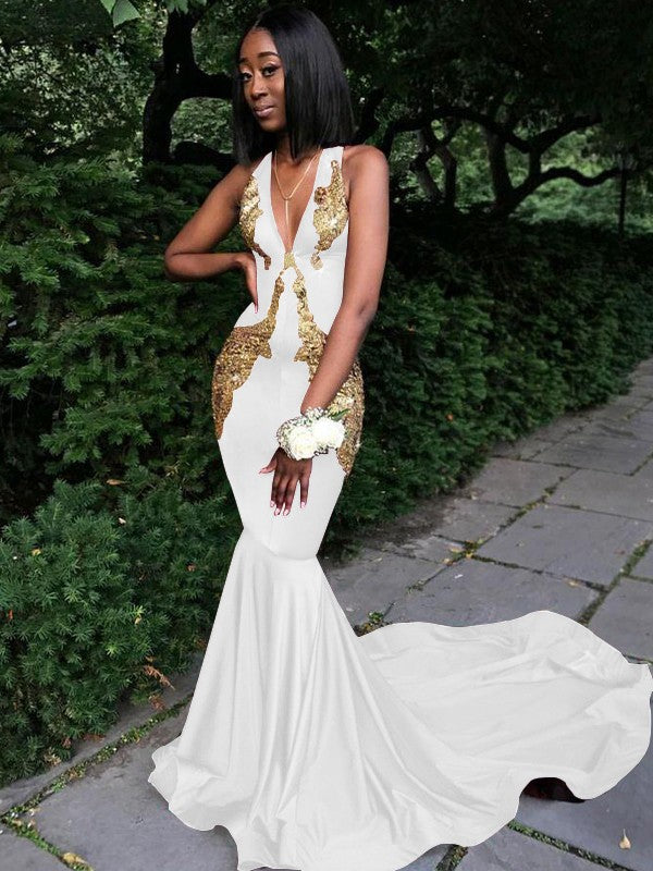 Memorable Magic Mermaid Silk like Satin Applique V-neck Sleeveless Chapel Train Prom Dress