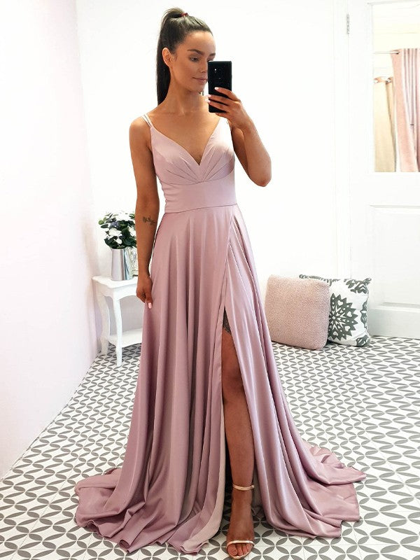 Just My Style A-Line Satin Ruffles V-neck Sleeveless Sweep/Brush Train Prom Dress