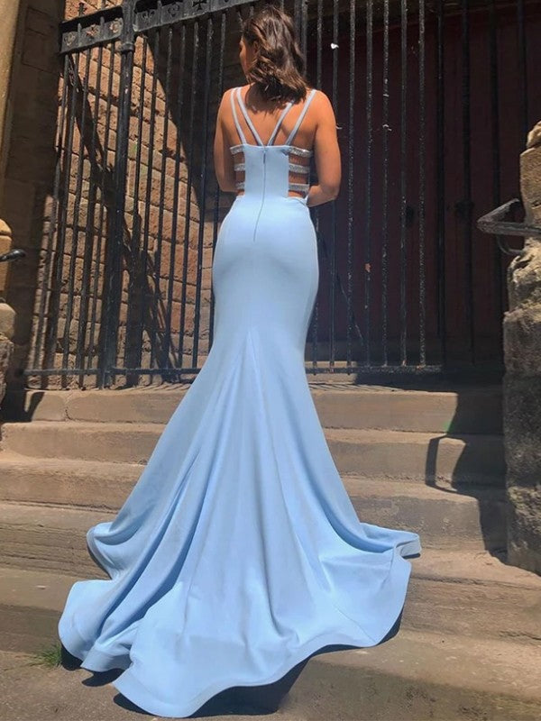 Too Much Fun Sheath Style Satin Ruffles Straps Sleeveless Sweep/Brush Train Prom Dress