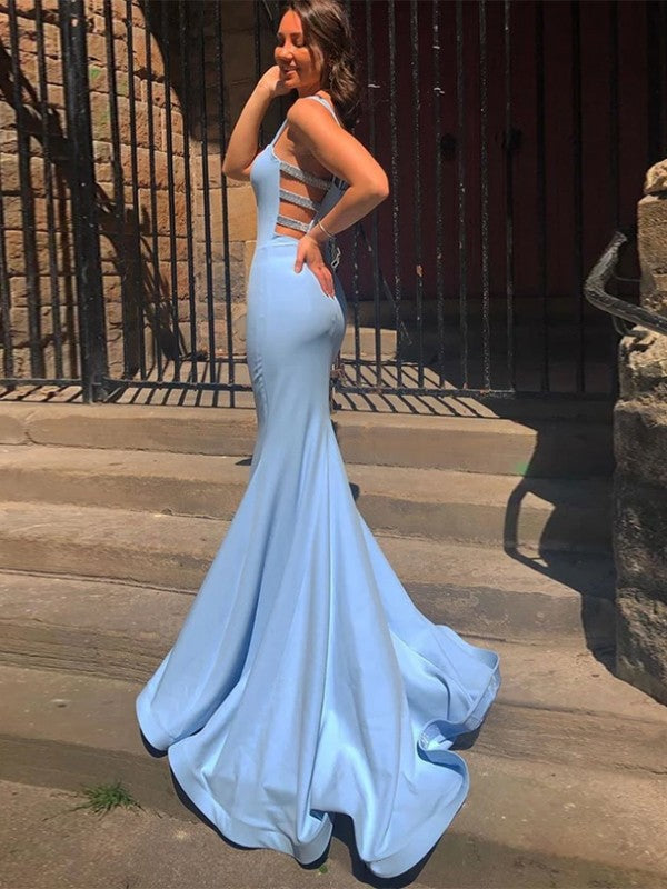 Too Much Fun Sheath Style Satin Ruffles Straps Sleeveless Sweep/Brush Train Prom Dress