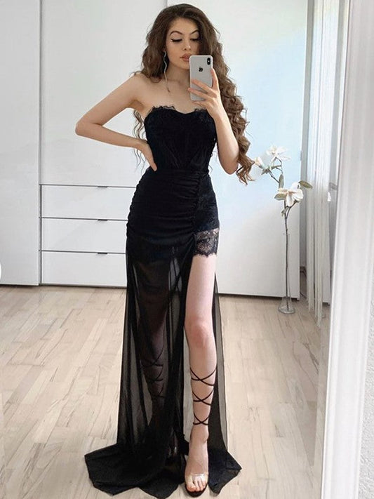 Limitless Looks Sheath Lace Applique Sweetheart Sleeveless Sweep/Brush Train Prom Dress