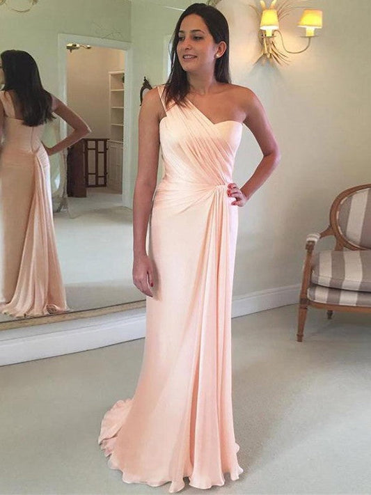 Automatic Classic Style Sheath Chiffon Ruffles One-Shoulder Sleeveless Sweep/Brush Train Prom Dress