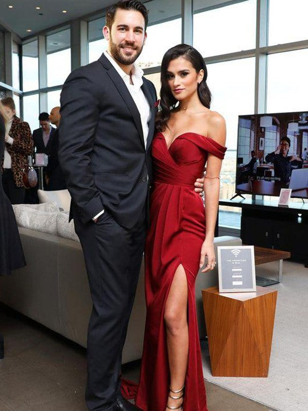 Intuitive Impact Sheath Satin Ruched Off-the-Shoulder Sleeveless Sweep/Brush Train Prom Dress