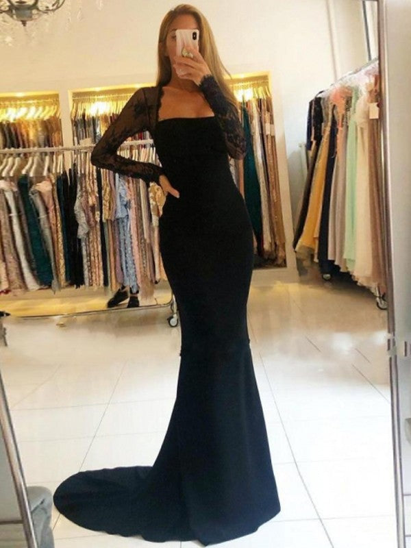Savor the Occasion Sheath Style Stretch Crepe Lace Square Long Sleeves Sweep/Brush Train Prom Dress