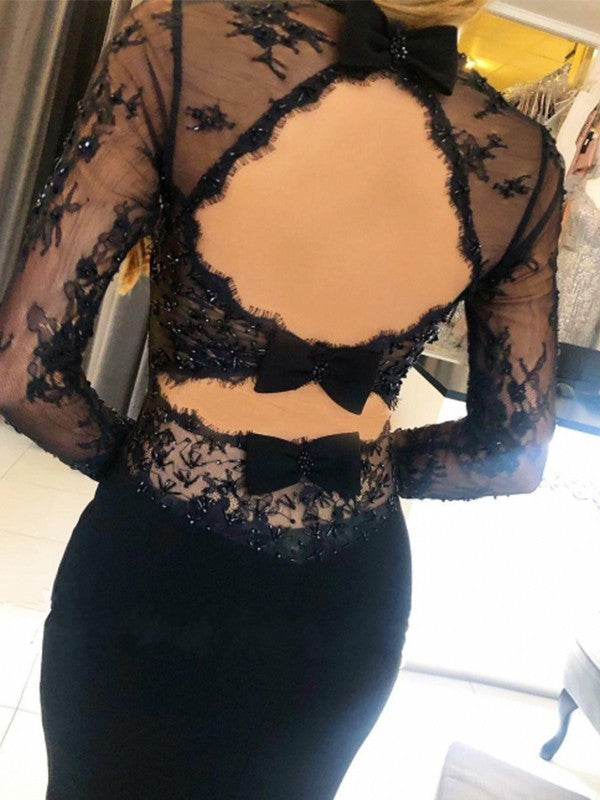 Savor the Occasion Sheath Style Stretch Crepe Lace Square Long Sleeves Sweep/Brush Train Prom Dress