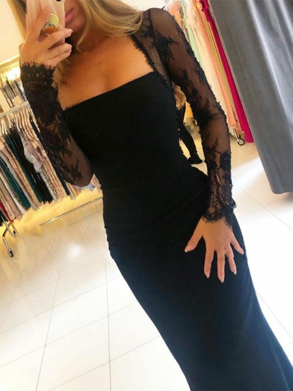 Savor the Occasion Sheath Style Stretch Crepe Lace Square Long Sleeves Sweep/Brush Train Prom Dress