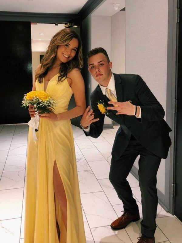 A-Line/Princess Chiffon Ruffles V-neck Sleeveless Floor-Length Bridesmaid Dresses