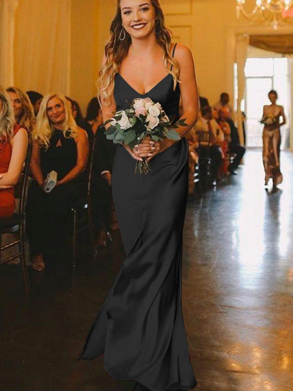 Sheath/Column Silk?like?Satin Ruched V-neck Sleeveless Floor-Length Bridesmaid Dresses