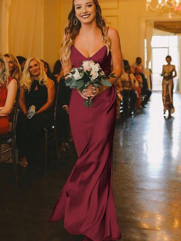 Sheath/Column Silk?like?Satin Ruched V-neck Sleeveless Floor-Length Bridesmaid Dresses