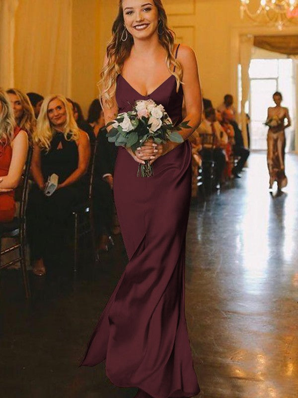 Sheath/Column Silk?like?Satin Ruched V-neck Sleeveless Floor-Length Bridesmaid Dresses
