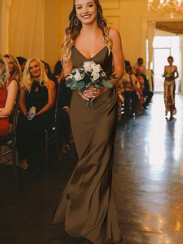 Sheath/Column Silk?like?Satin Ruched V-neck Sleeveless Floor-Length Bridesmaid Dresses