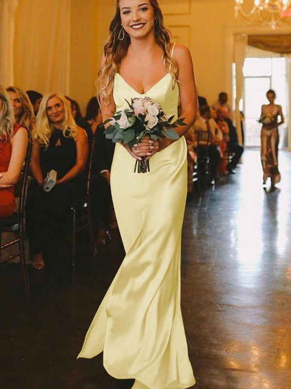 Sheath/Column Silk?like?Satin Ruched V-neck Sleeveless Floor-Length Bridesmaid Dresses