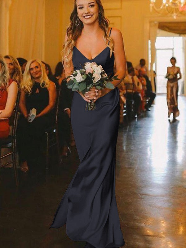 Sheath/Column Silk?like?Satin Ruched V-neck Sleeveless Floor-Length Bridesmaid Dresses