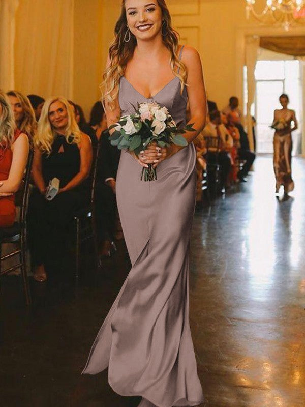 Sheath/Column Silk?like?Satin Ruched V-neck Sleeveless Floor-Length Bridesmaid Dresses