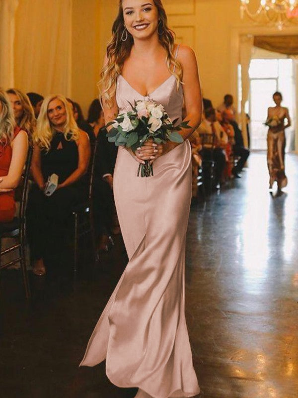 Sheath/Column Silk?like?Satin Ruched V-neck Sleeveless Floor-Length Bridesmaid Dresses