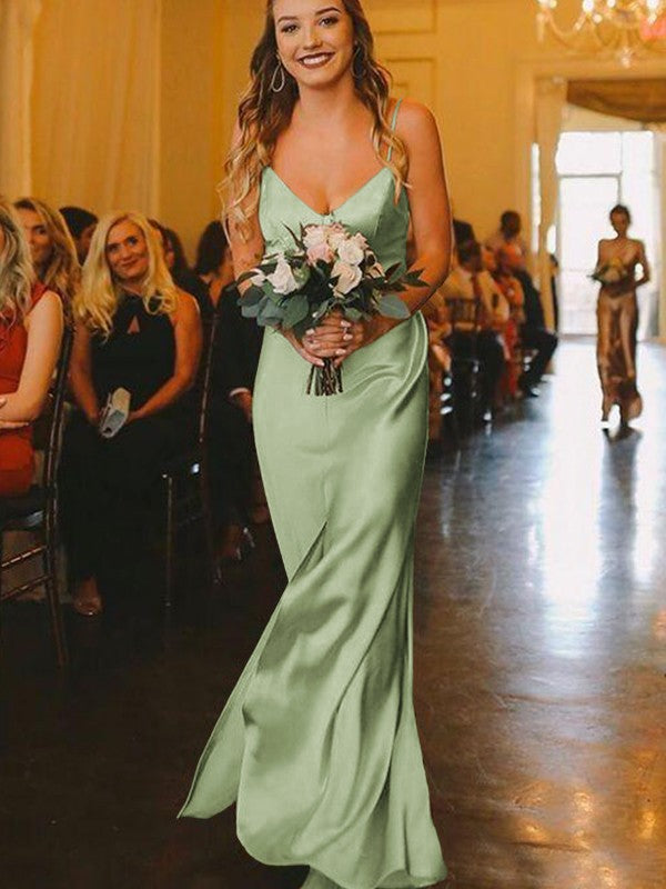 Sheath/Column Silk?like?Satin Ruched V-neck Sleeveless Floor-Length Bridesmaid Dresses