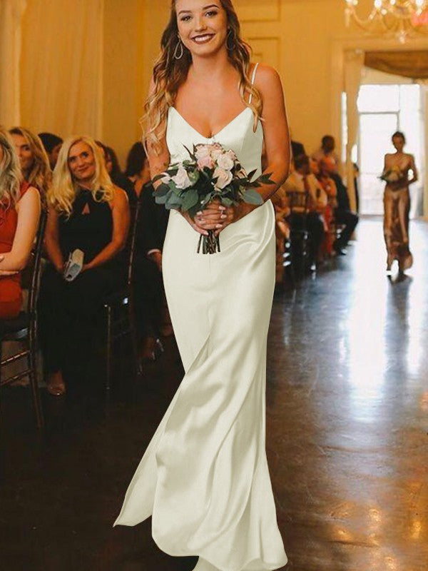 Sheath/Column Silk?like?Satin Ruched V-neck Sleeveless Floor-Length Bridesmaid Dresses