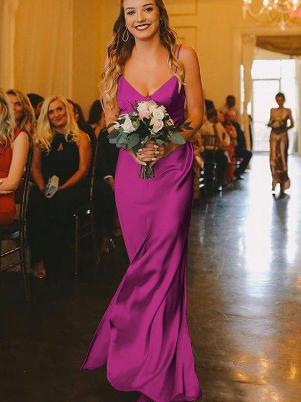 Sheath/Column Silk?like?Satin Ruched V-neck Sleeveless Floor-Length Bridesmaid Dresses
