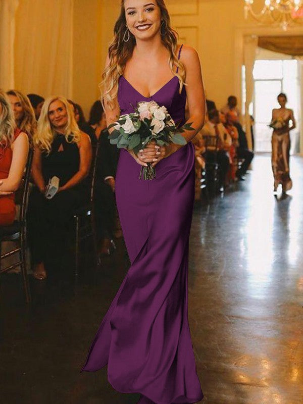 Sheath/Column Silk?like?Satin Ruched V-neck Sleeveless Floor-Length Bridesmaid Dresses
