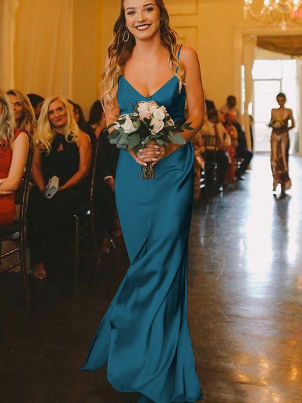 Sheath/Column Silk?like?Satin Ruched V-neck Sleeveless Floor-Length Bridesmaid Dresses