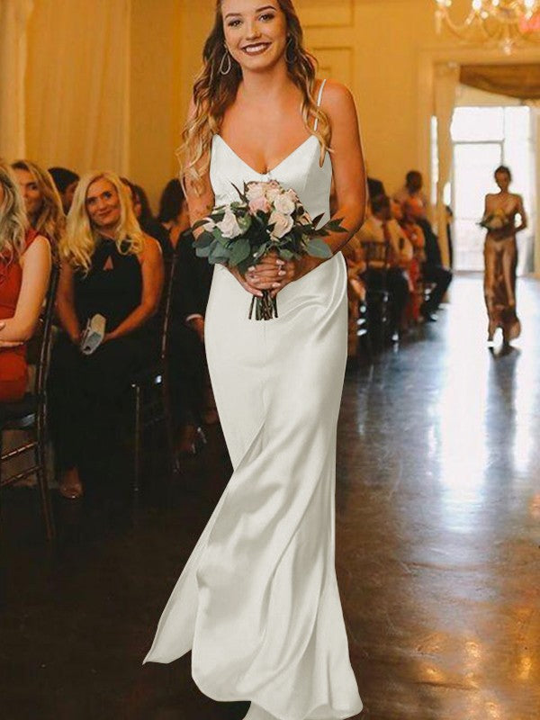 Sheath/Column Silk?like?Satin Ruched V-neck Sleeveless Floor-Length Bridesmaid Dresses