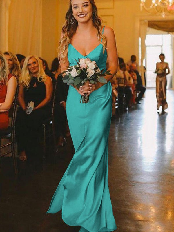 Sheath/Column Silk?like?Satin Ruched V-neck Sleeveless Floor-Length Bridesmaid Dresses